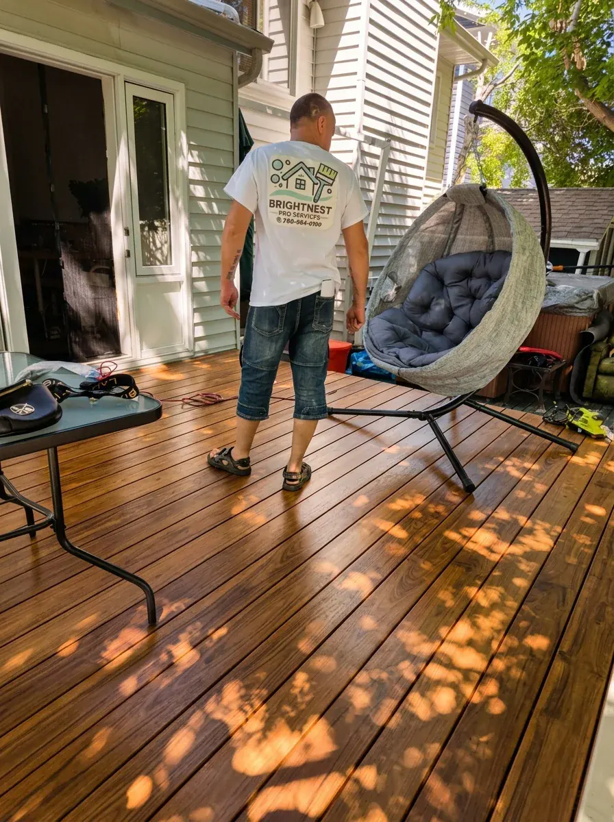 Yuriy standing on the completed warm stained cedar deck in Edmonton