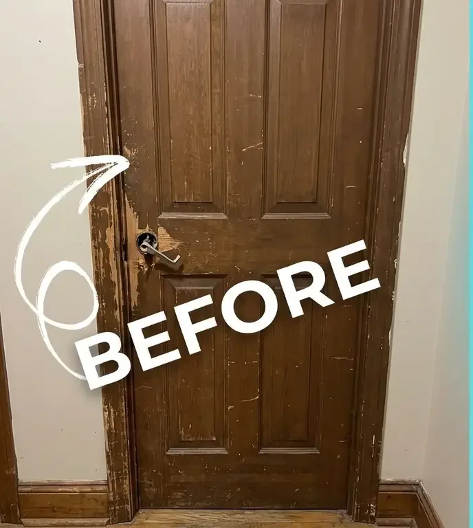 Before: Scuffed door panel with broken loose hardware