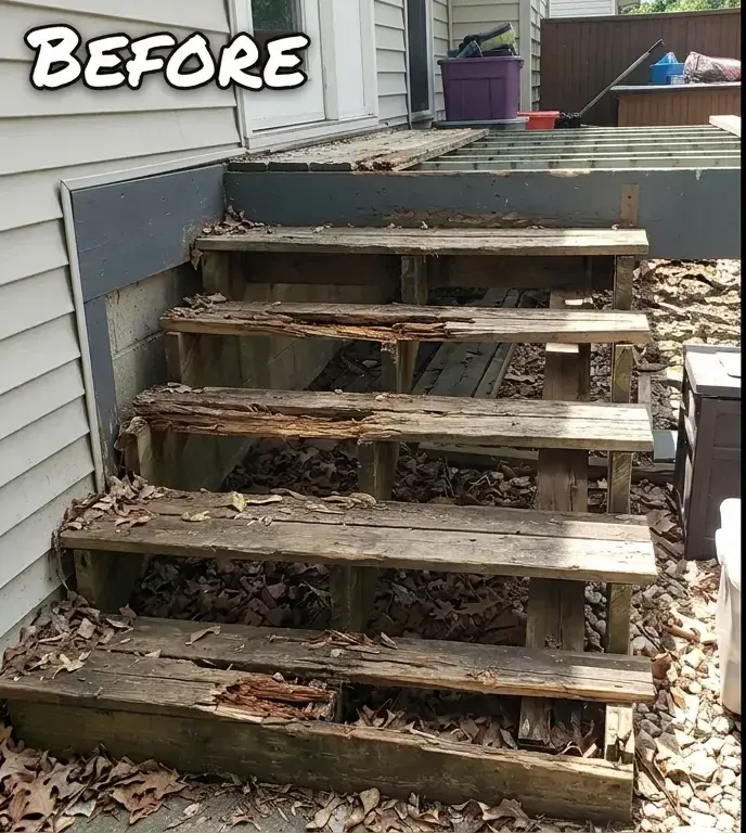 Before: Deteriorated, unsafe wooden deck stairs